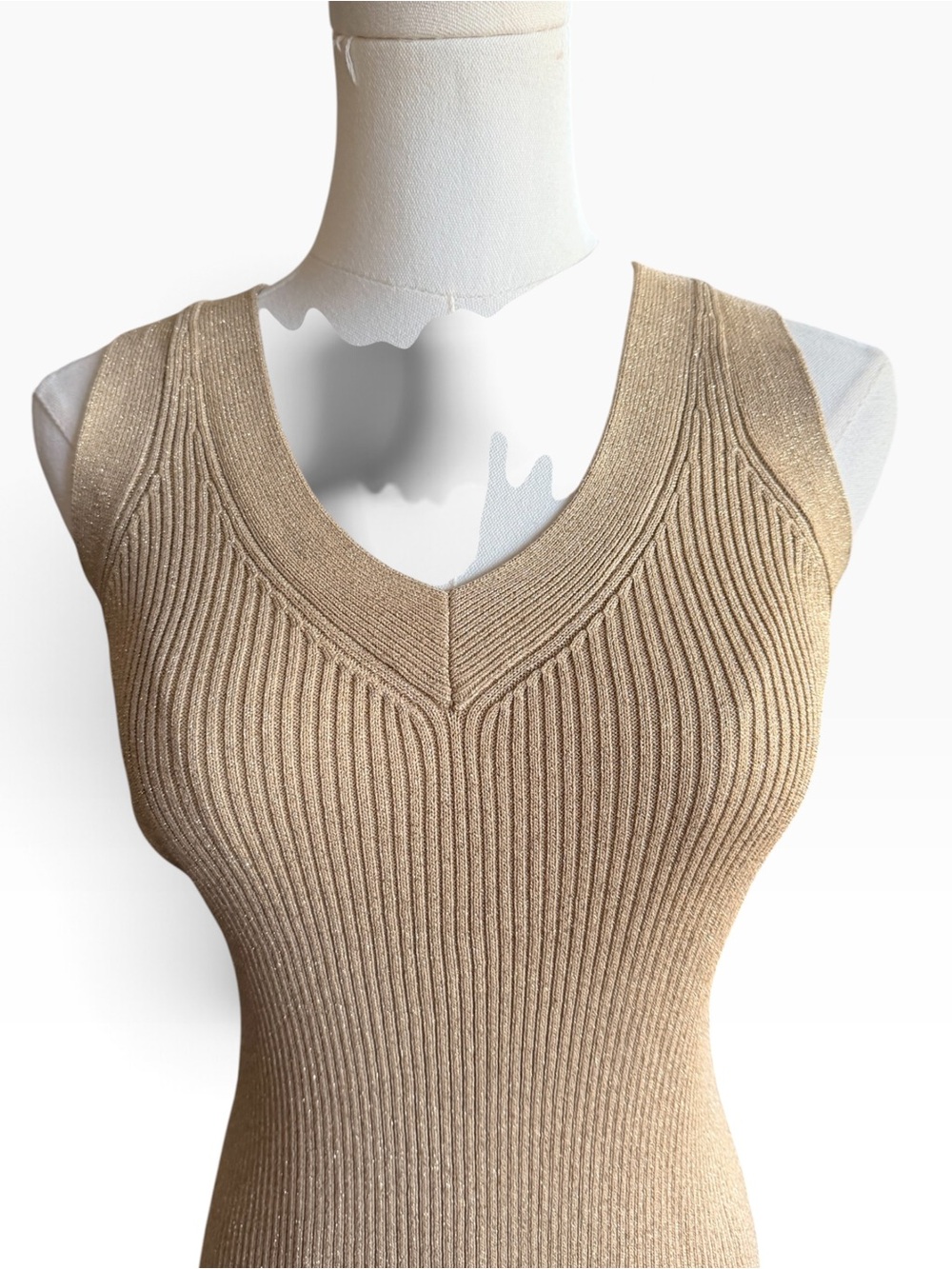 Michael Kors Gold Metallic Ribbed Knit Midi Dress Sleeveless - Picture 2 of 8